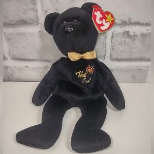Ty Black Bear with Gold Bow and Embroidery "The End"